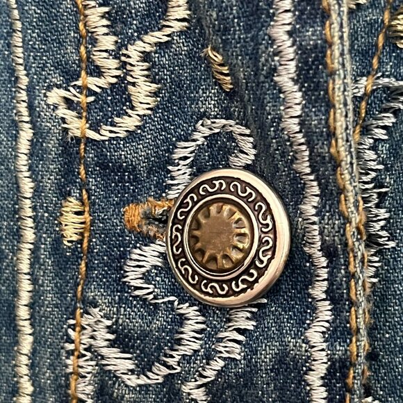 CHICO'S Denim Gold All Over Embroidered Sequinned Button Down Show Shirt Size M - Picture 5 of 10